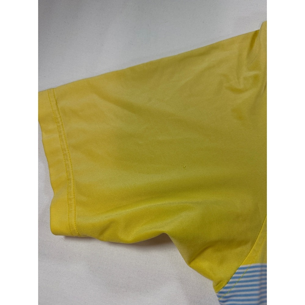 FootJoy FJ Performance Golf Polo Shirt Mens Large Yellow Blue Stripe Crest Logo - Picture 3 of 8